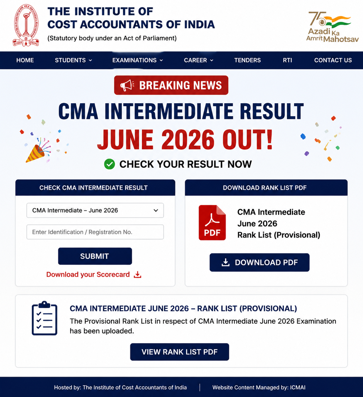 CMA Inter Result 2026 Out: Download Scorecard, Rank List PDF & Topper List